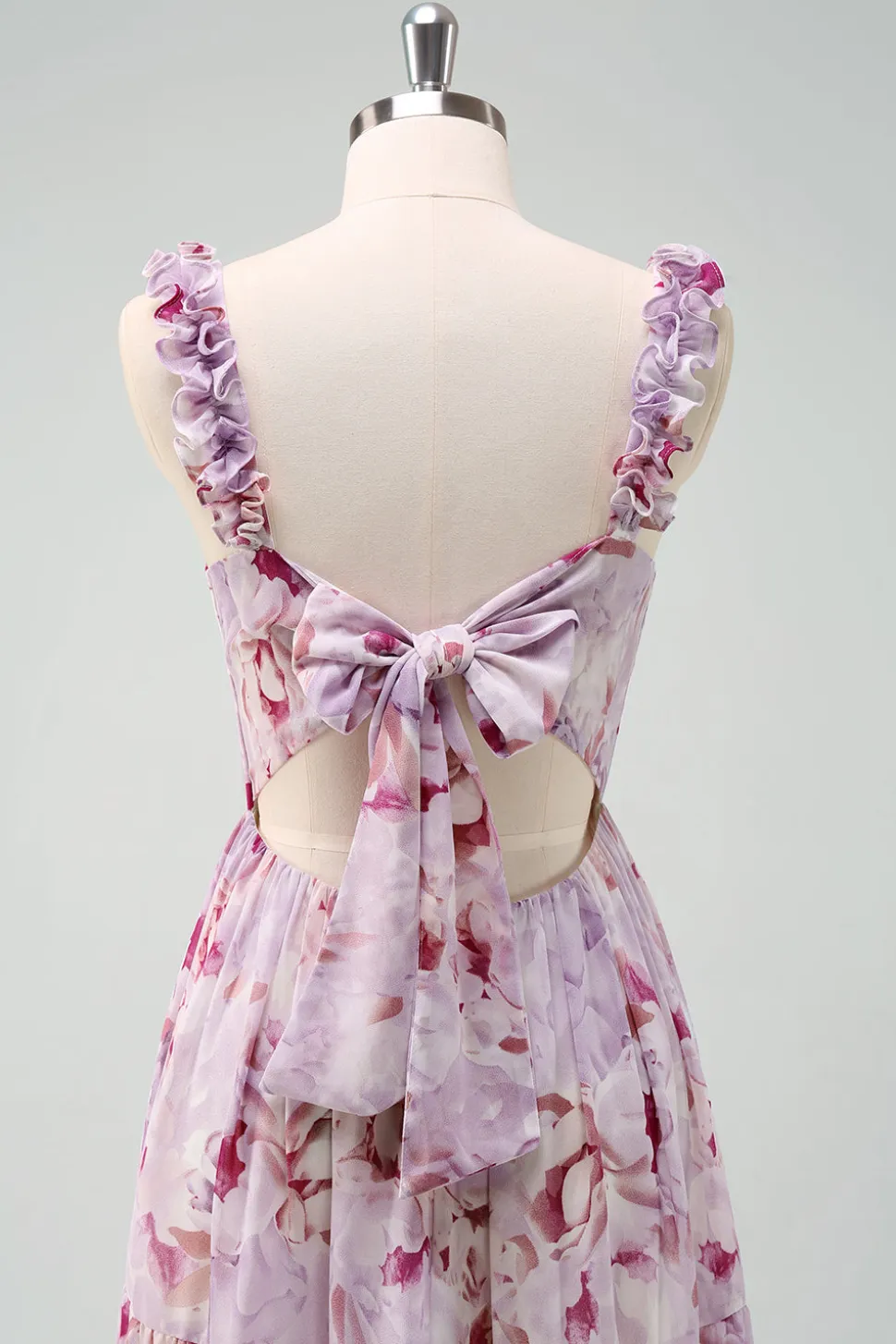 A-Line Cinza Roxo Esparguete Correias Vestido Longo Floral Madrinha