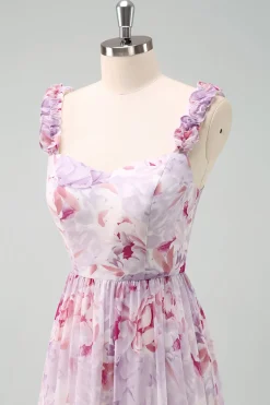 A-Line Cinza Roxo Esparguete Correias Vestido Longo Floral Madrinha