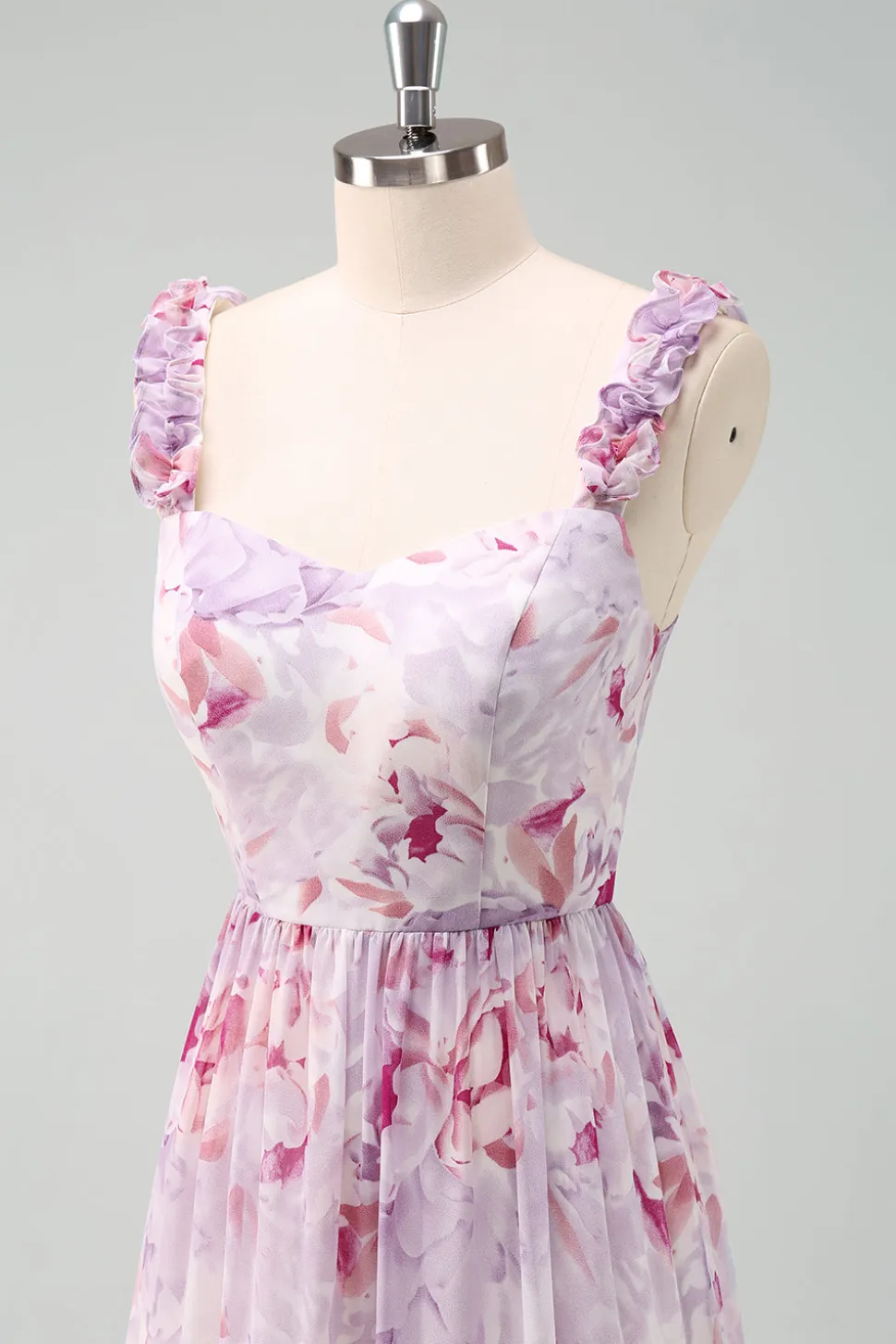 A-Line Cinza Roxo Esparguete Correias Vestido Longo Floral Madrinha