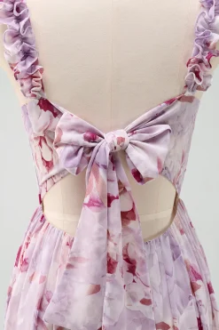 A-Line Cinza Roxo Esparguete Correias Vestido Longo Floral Madrinha