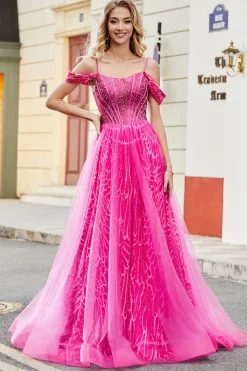 A-Line Cold Shoudler Sparkly Hot Pink Corset Prom Dress com Missangas