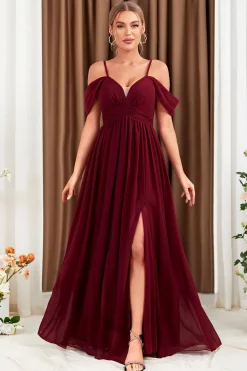 A-Line Cold Shoulder Borgonha vestido formal com fenda