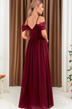 A-Line Cold Shoulder Borgonha vestido formal com fenda