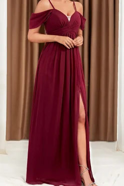 A-Line Cold Shoulder Borgonha vestido formal com fenda