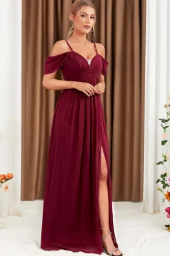 A-Line Cold Shoulder Borgonha vestido formal com fenda