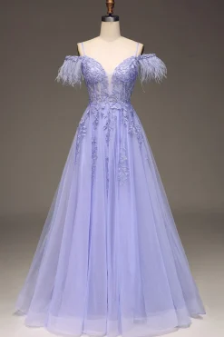 A-Line Cold Shoulder Lilac Corset Prom Dress com Apliques