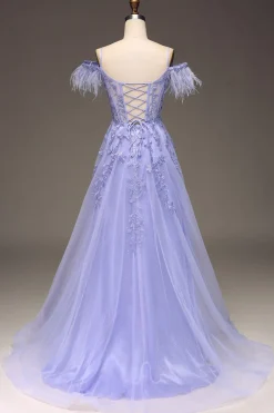 A-Line Cold Shoulder Lilac Corset Prom Dress com Apliques