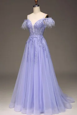 A-Line Cold Shoulder Lilac Corset Prom Dress com Apliques