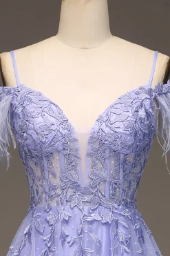 A-Line Cold Shoulder Lilac Corset Prom Dress com Apliques