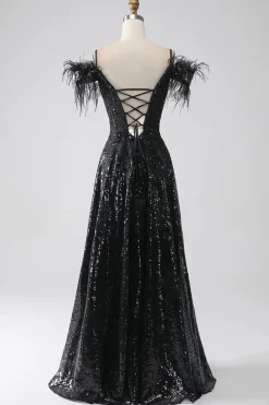 A-Line Cold Shoulder Sequins vestido longo baile de formatura com fenda