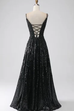 A-Line Cold Shoulder Sequins vestido longo baile de formatura com fenda