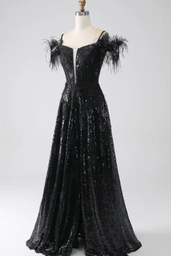 A-Line Cold Shoulder Sequins vestido longo baile de formatura com fenda