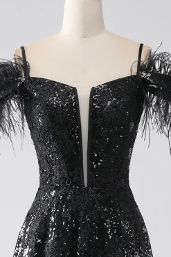 A-Line Cold Shoulder Sequins vestido longo baile de formatura com fenda