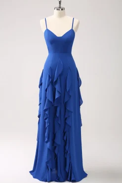 A-Line Dark Blue Espaghetti Correias Vestido Madrinha com Folhos