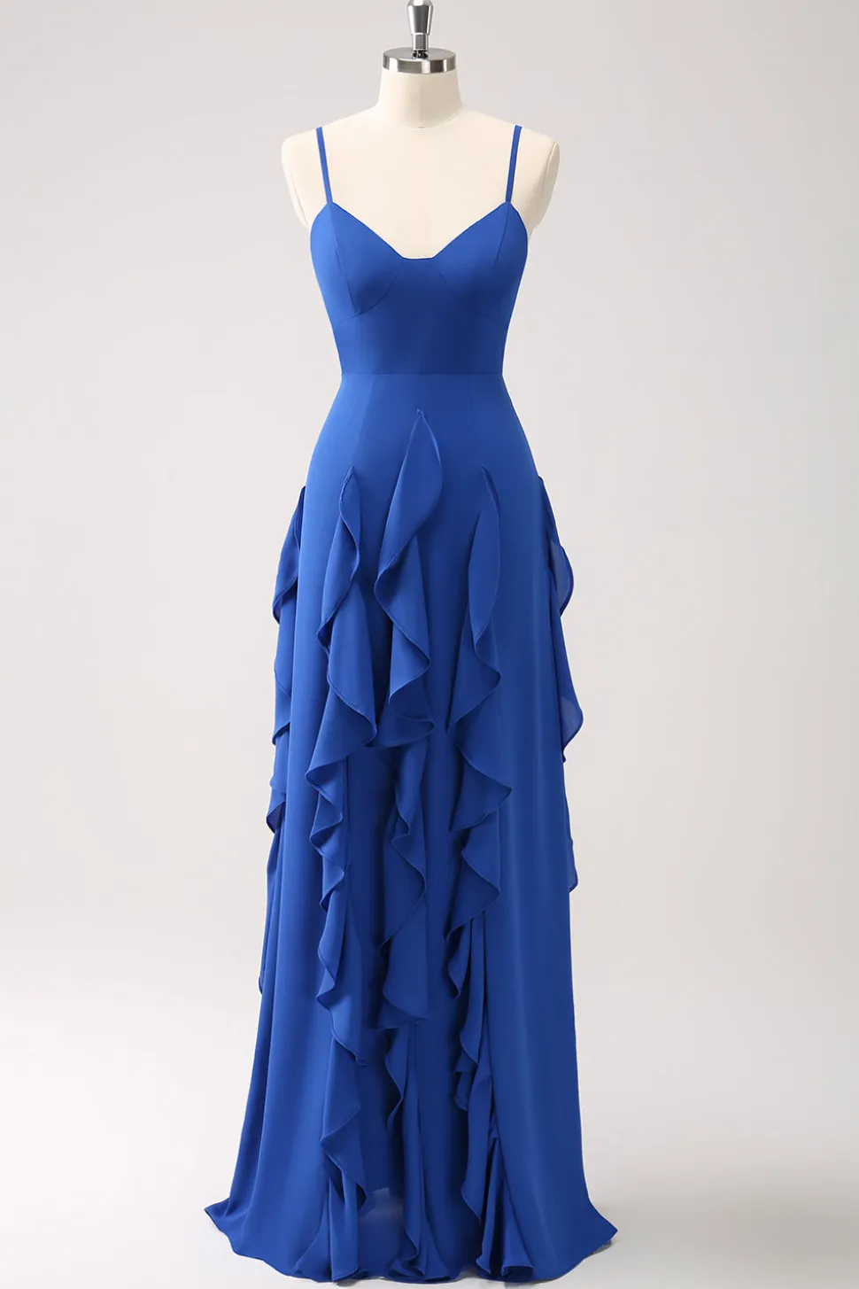 A-Line Dark Blue Espaghetti Correias Vestido Madrinha com Folhos