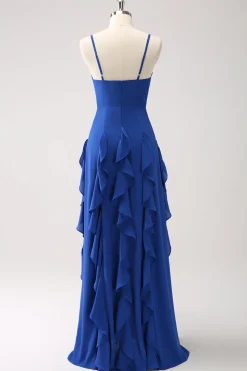 A-Line Dark Blue Espaghetti Correias Vestido Madrinha com Folhos