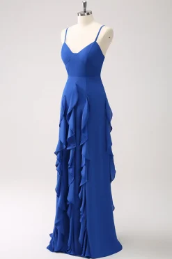 A-Line Dark Blue Espaghetti Correias Vestido Madrinha com Folhos