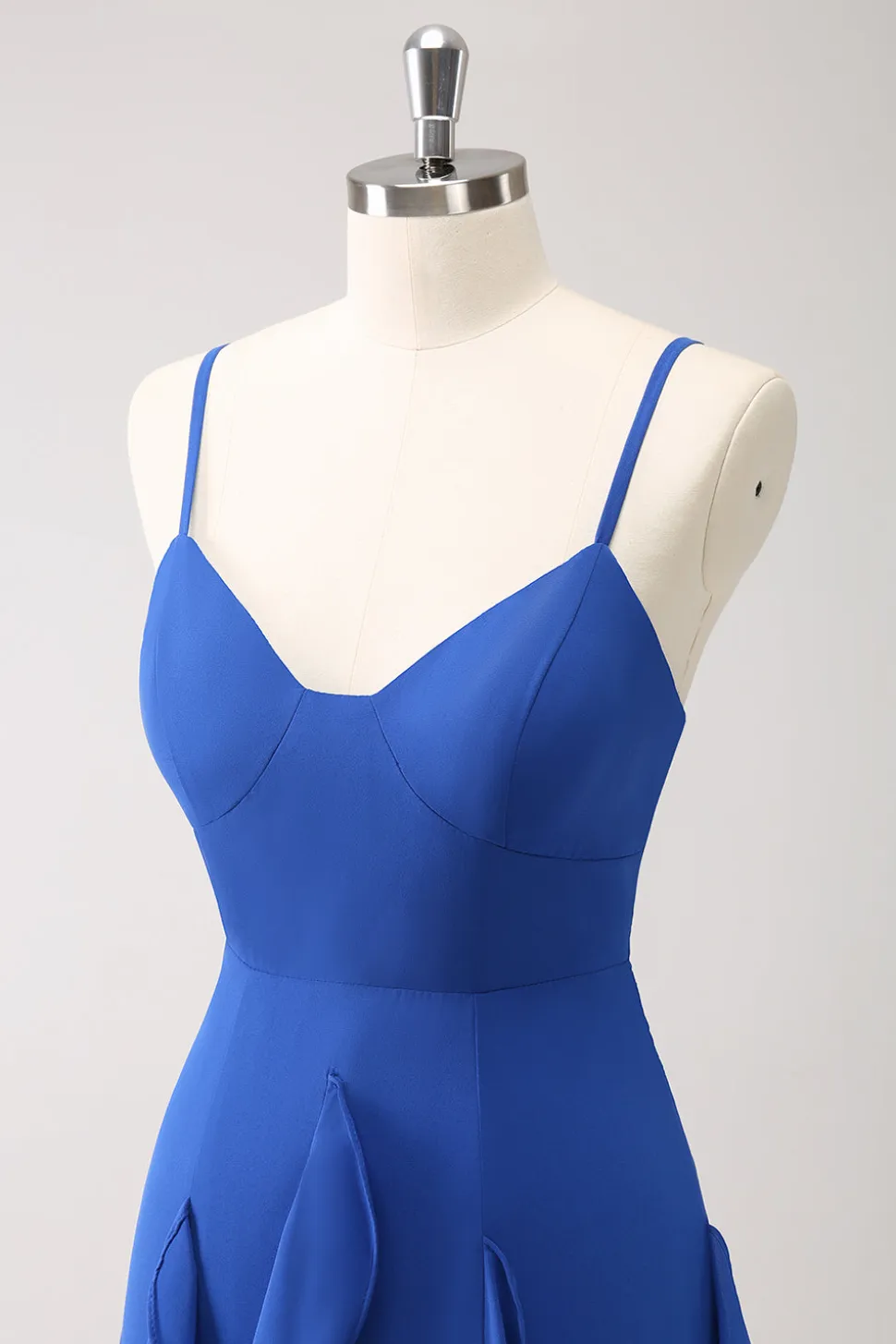 A-Line Dark Blue Espaghetti Correias Vestido Madrinha com Folhos