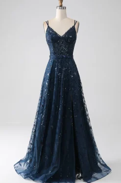 A-Line Dark Navy Spaghetti Correias Long Prom Dress com Fenda