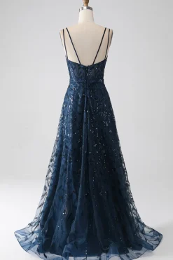 A-Line Dark Navy Spaghetti Correias Long Prom Dress com Fenda