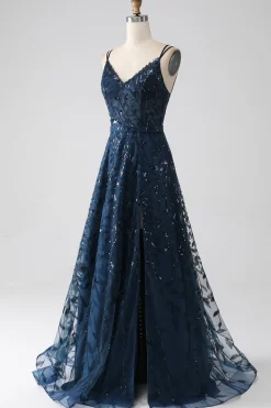 A-Line Dark Navy Spaghetti Correias Long Prom Dress com Fenda