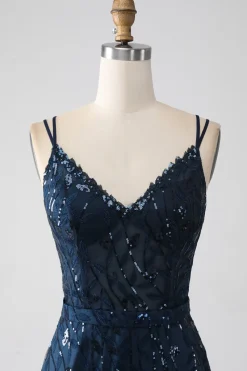 A-Line Dark Navy Spaghetti Correias Long Prom Dress com Fenda