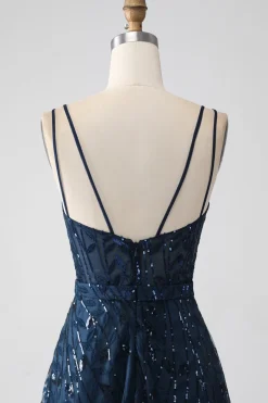 A-Line Dark Navy Spaghetti Correias Long Prom Dress com Fenda
