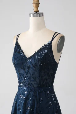 A-Line Dark Navy Spaghetti Correias Long Prom Dress com Fenda