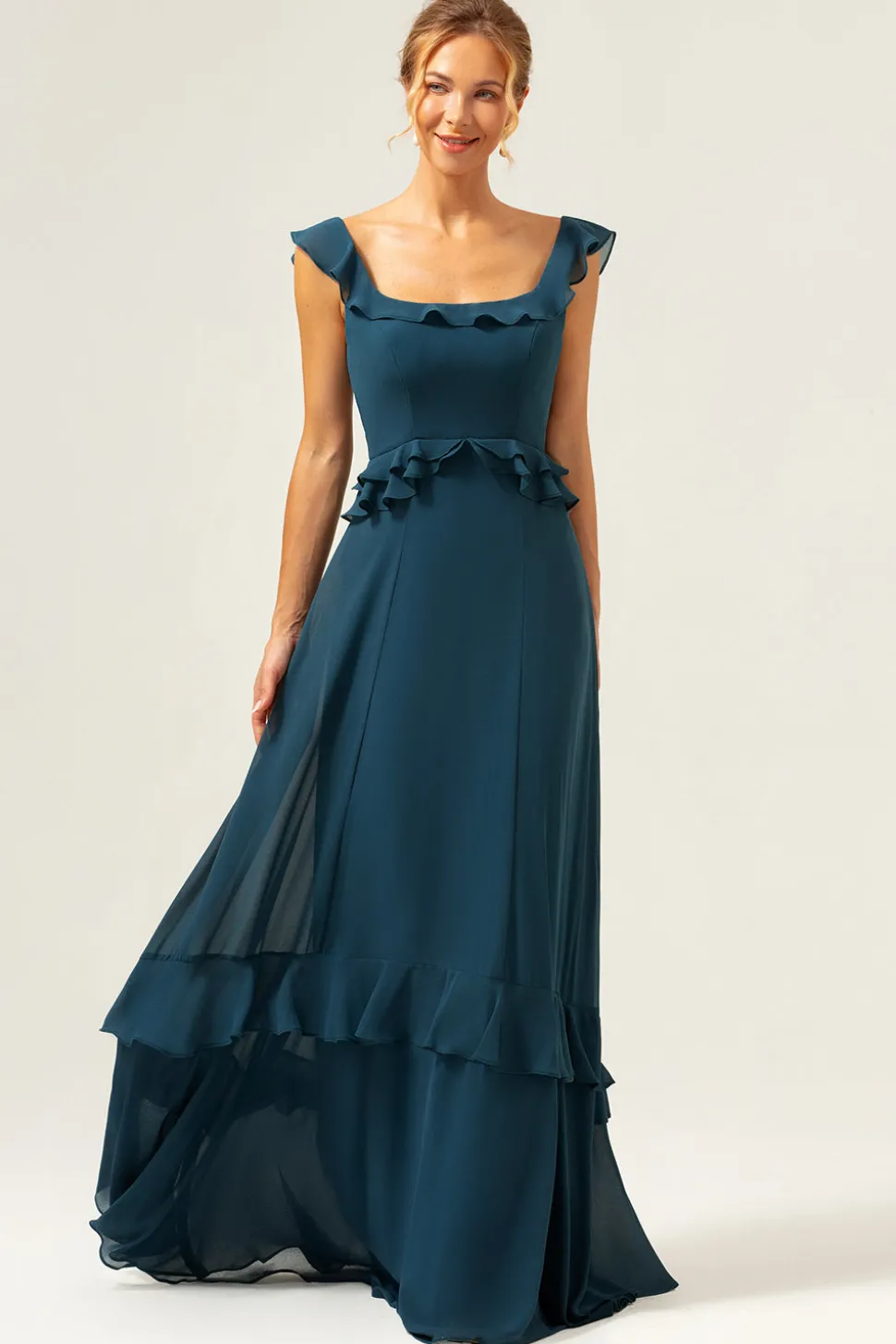 A-Line Dark Peacock Verde Scoop Neck Chiffon Vestido Longo Madrinha