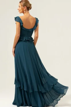 A-Line Dark Peacock Verde Scoop Neck Chiffon Vestido Longo Madrinha