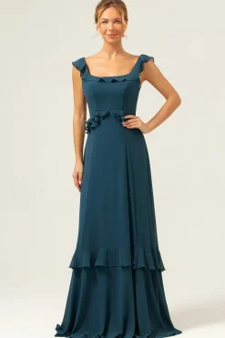 A-Line Dark Peacock Verde Scoop Neck Chiffon Vestido Longo Madrinha