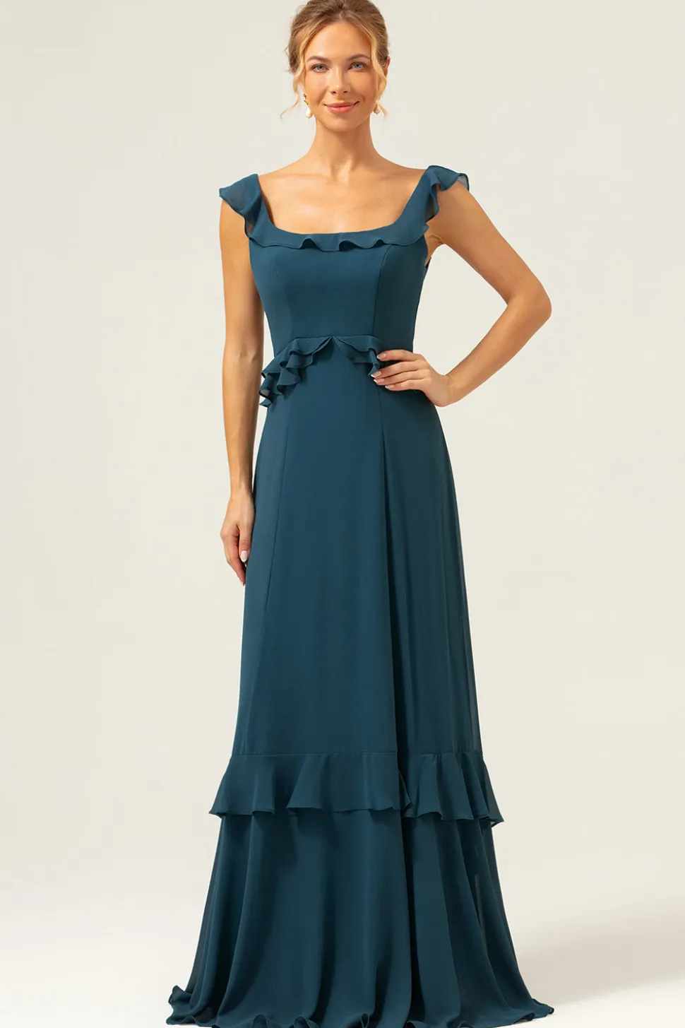 A-Line Dark Peacock Verde Scoop Neck Chiffon Vestido Longo Madrinha