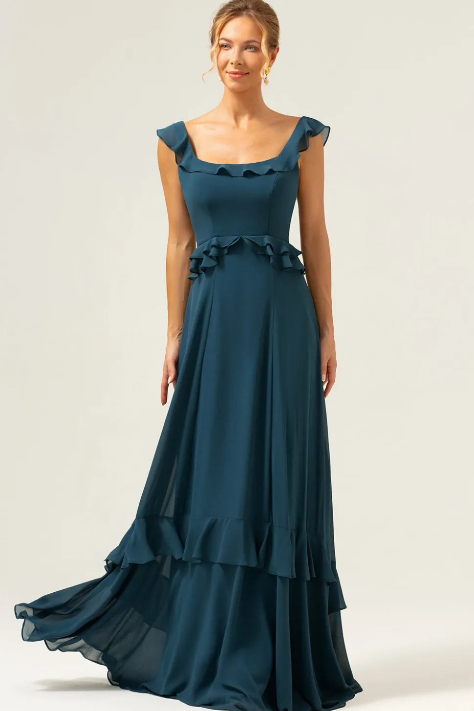 A-Line Dark Peacock Verde Scoop Neck Chiffon Vestido Longo Madrinha