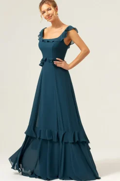 A-Line Dark Peacock Verde Scoop Neck Chiffon Vestido Longo Madrinha