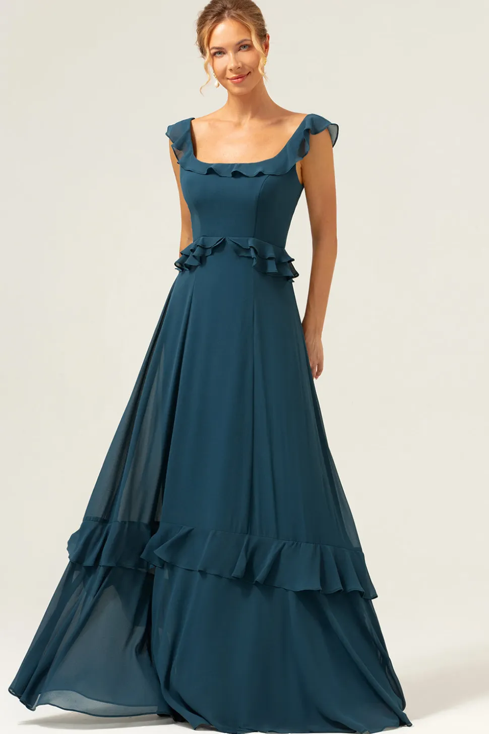 A-Line Dark Peacock Verde Scoop Neck Chiffon Vestido Longo Madrinha