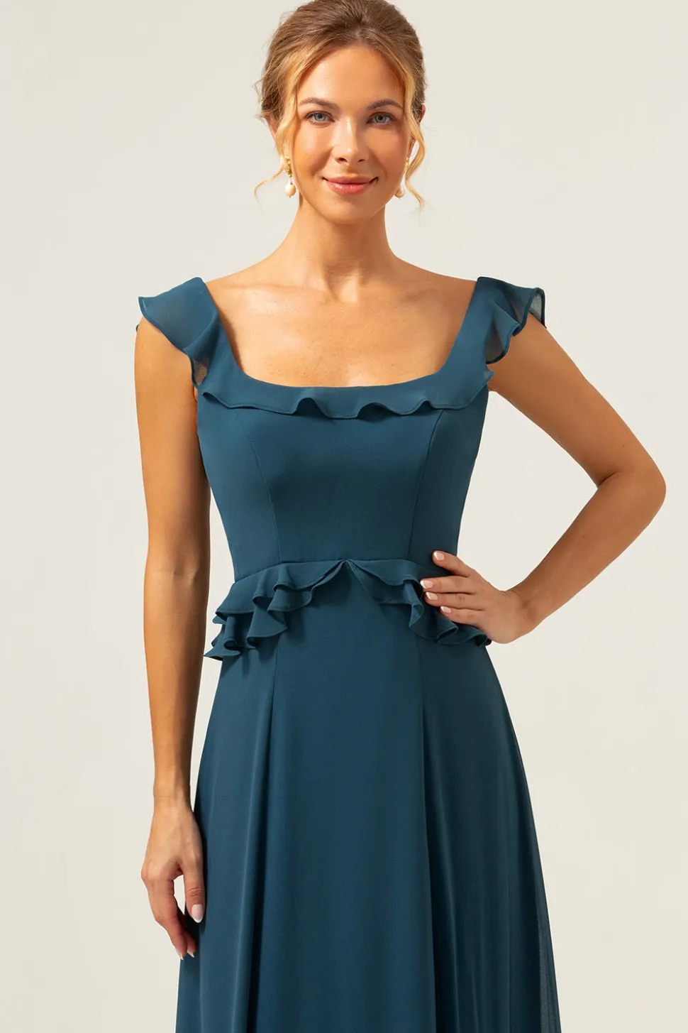 A-Line Dark Peacock Verde Scoop Neck Chiffon Vestido Longo Madrinha