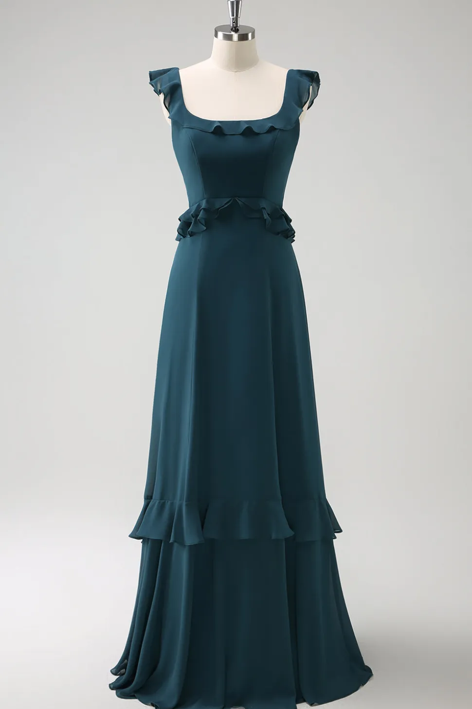 A-Line Dark Peacock Verde Scoop Neck Chiffon Vestido Longo Madrinha