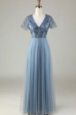 A-Line Dusty Vestido de Dama de Honra Azul com Missangas