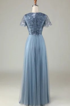 A-Line Dusty Vestido de Dama de Honra Azul com Missangas