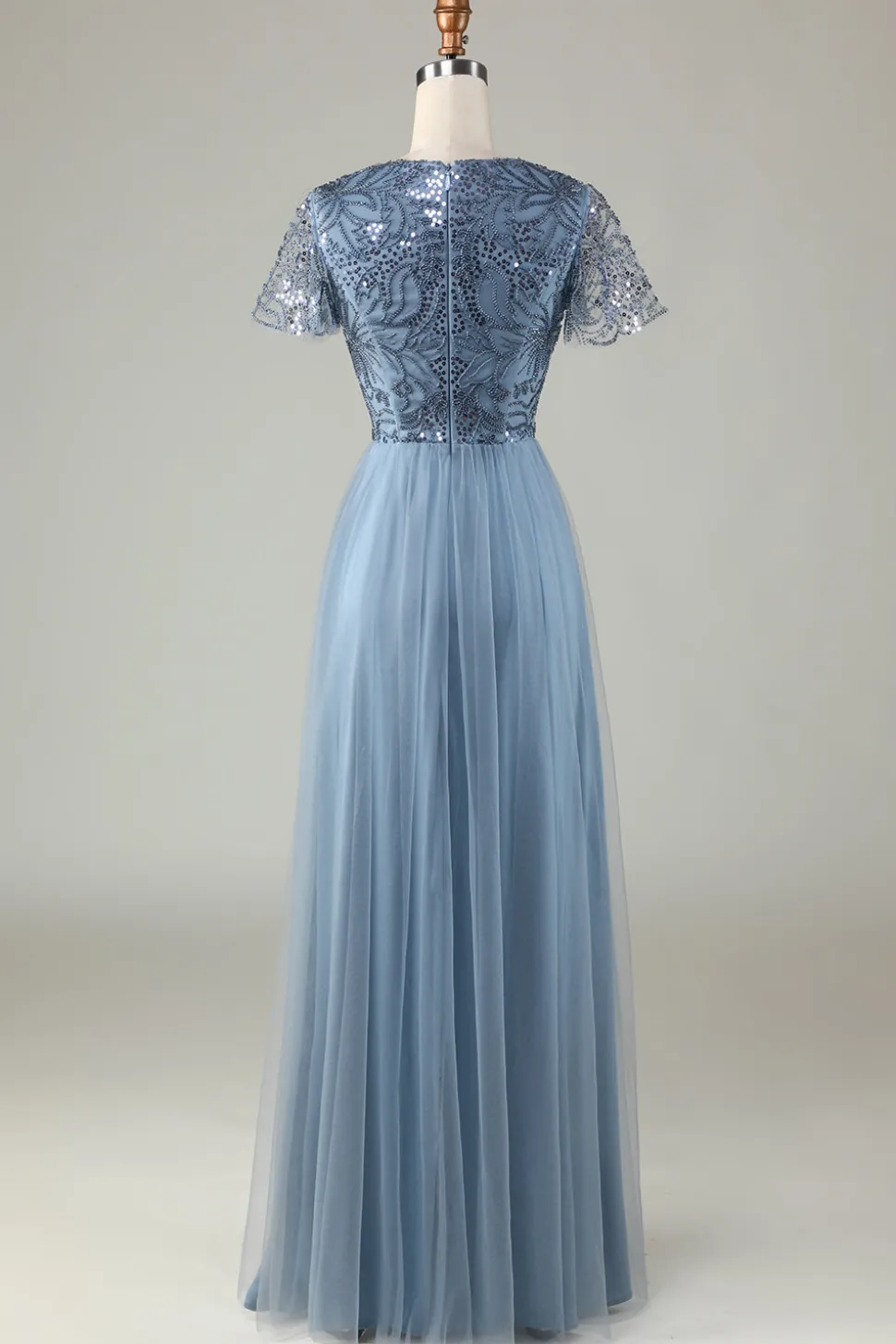 A-Line Dusty Vestido de Dama de Honra Azul com Missangas