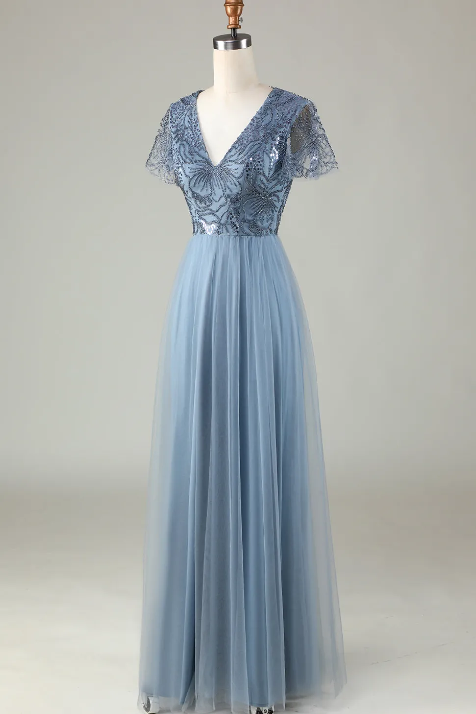 A-Line Dusty Vestido de Dama de Honra Azul com Missangas