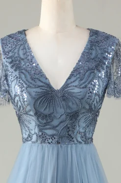 A-Line Dusty Vestido de Dama de Honra Azul com Missangas
