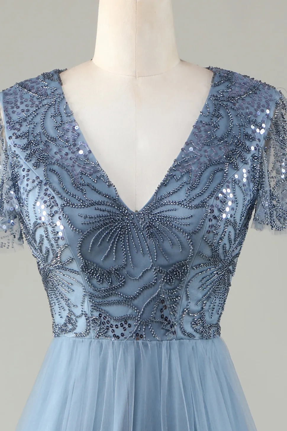 A-Line Dusty Vestido de Dama de Honra Azul com Missangas