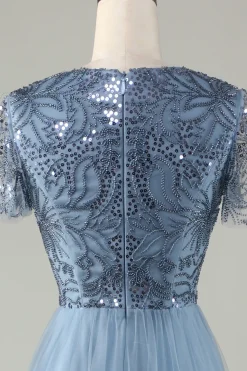 A-Line Dusty Vestido de Dama de Honra Azul com Missangas