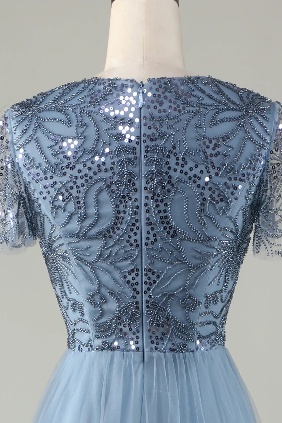 A-Line Dusty Vestido de Dama de Honra Azul com Missangas