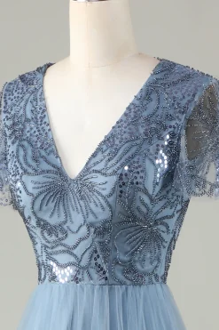 A-Line Dusty Vestido de Dama de Honra Azul com Missangas