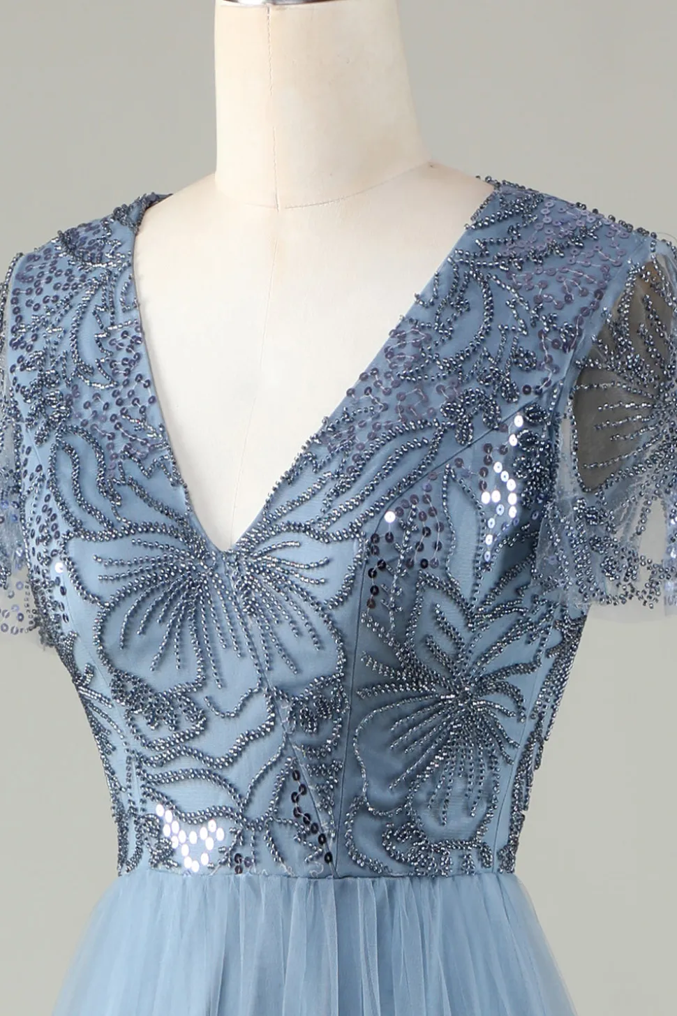 A-Line Dusty Vestido de Dama de Honra Azul com Missangas