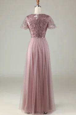 A-Line Dusty Vestido de Dama de Honra Azul com Missangas