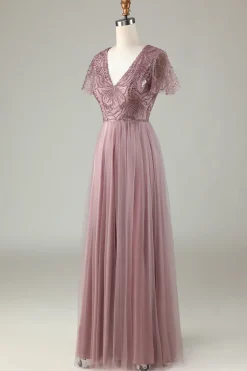 A-Line Dusty Vestido de Dama de Honra Azul com Missangas