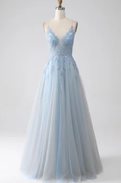 A-Line Espaghetti Correias Cinzento Azul Vestido de Baile com Missangas